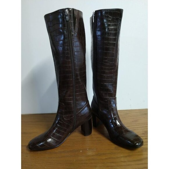 Marc Fisher Dark Brown Crocodile Embossed Knee-High Leather Boots 7M With Zipper - Picture 1 of 9